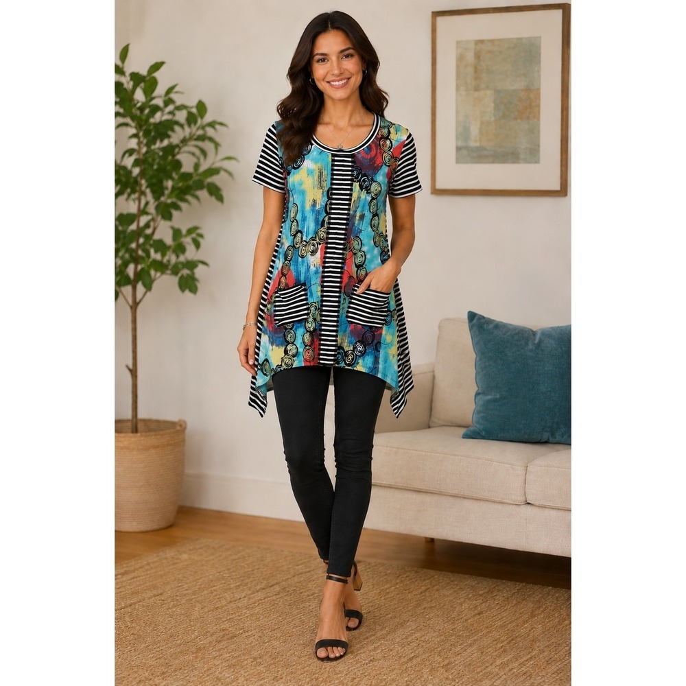 Frank Lyman Design Abstract Stripe Sharkbite Tunic Top Multi Color‎ Size 6